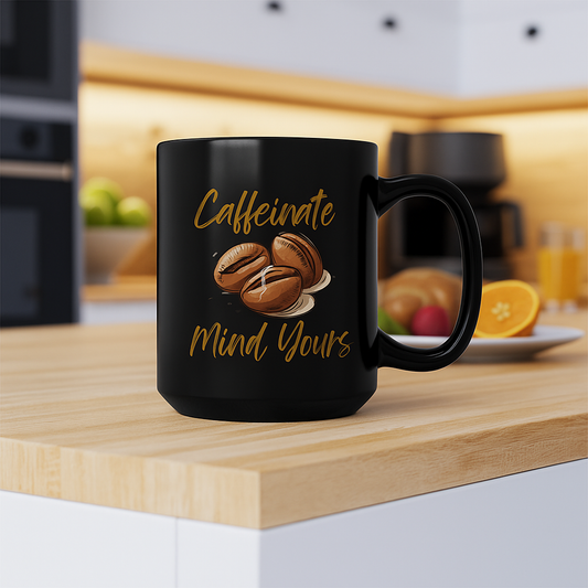 Coffee Lover's Black Mug - Caffeine, Mind Yours, Gift, Kitchen Decor, Daily Motivation